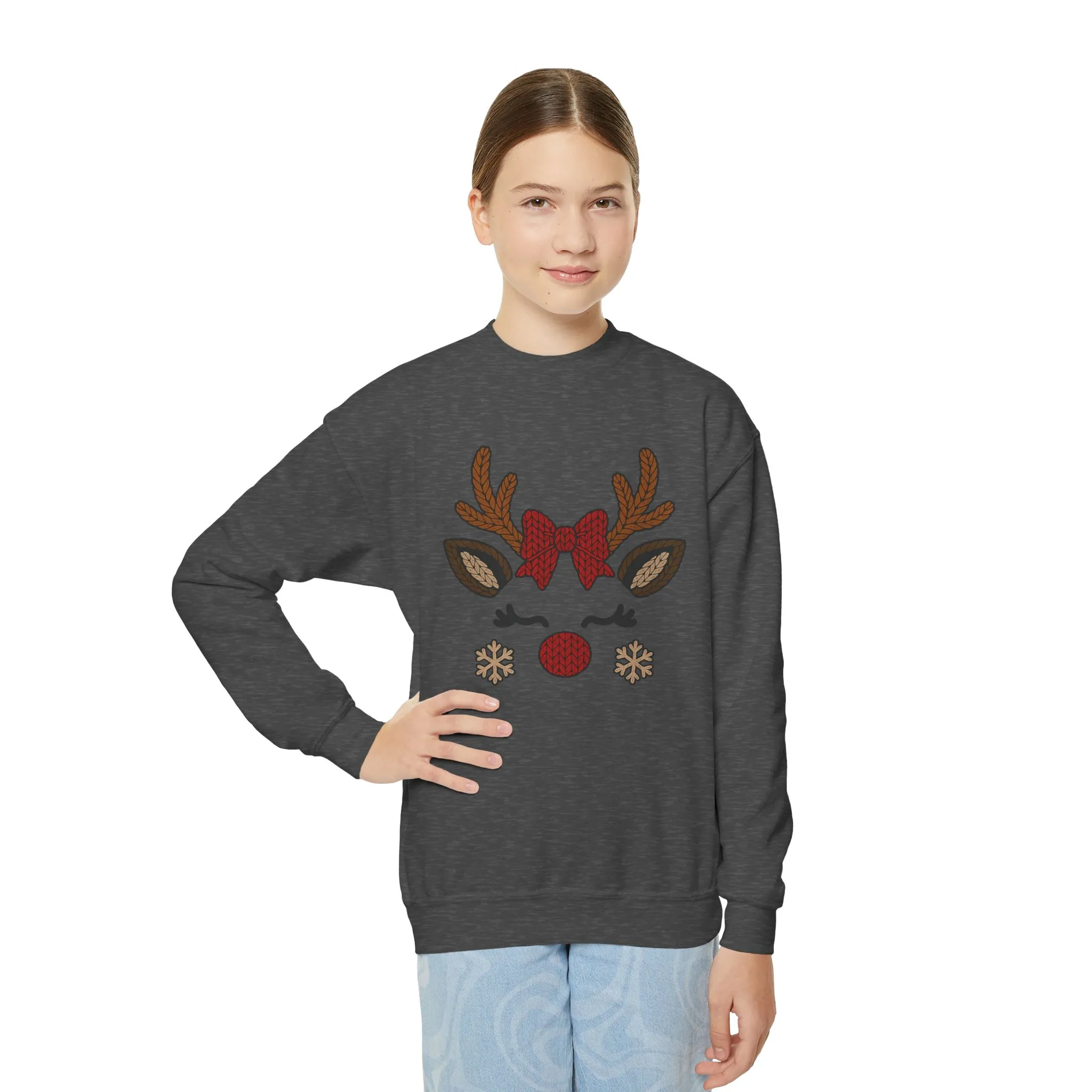 Girls Reindeer Face Christmas Sweatshirt, Cute Knitted Holiday Pullover, Mother-Daughter Matching Outfit - Image 6