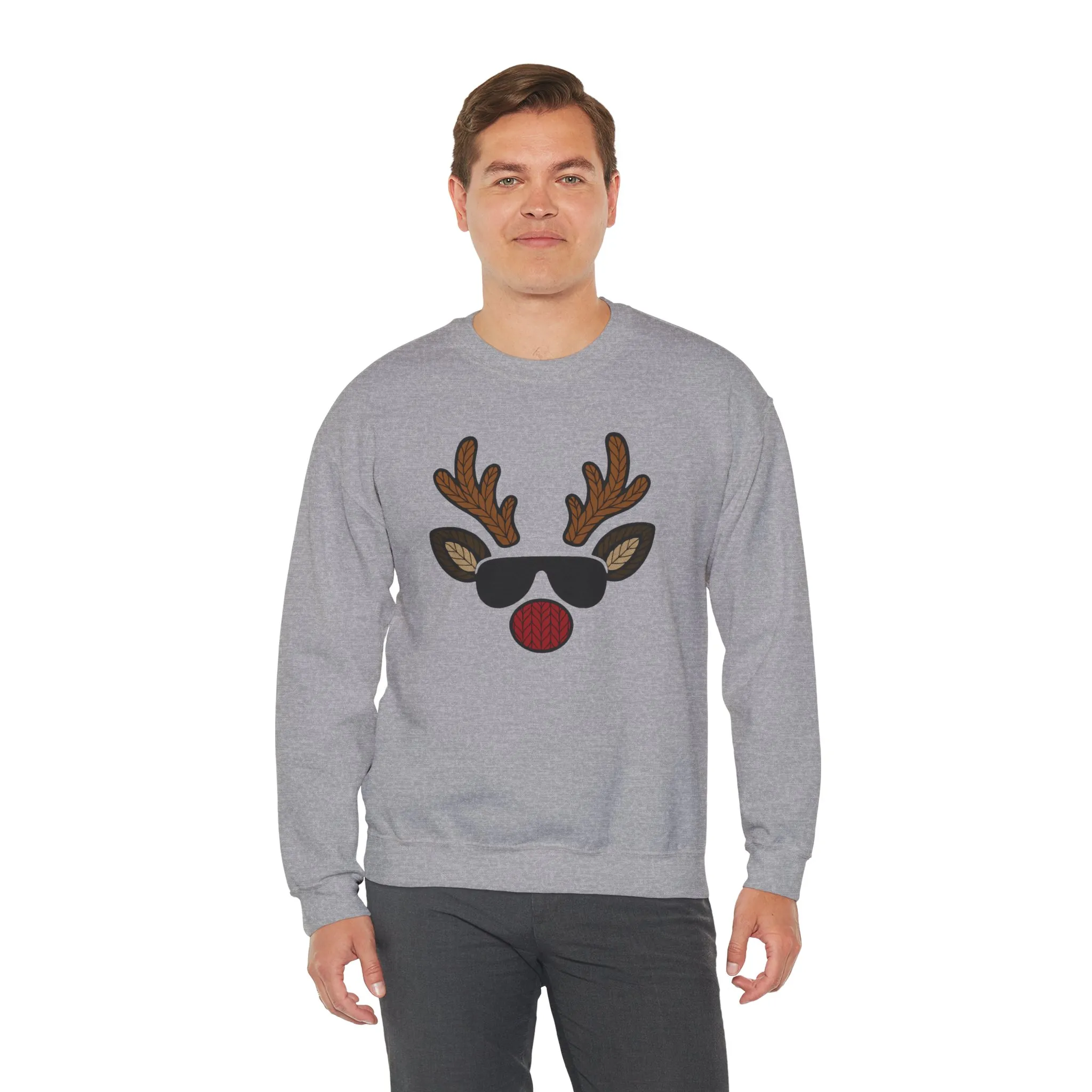 Men's Reindeer Face Christmas Sweatshirt, Classic Knitted Reindeer Design, Father-Son Matching Holiday Outfit