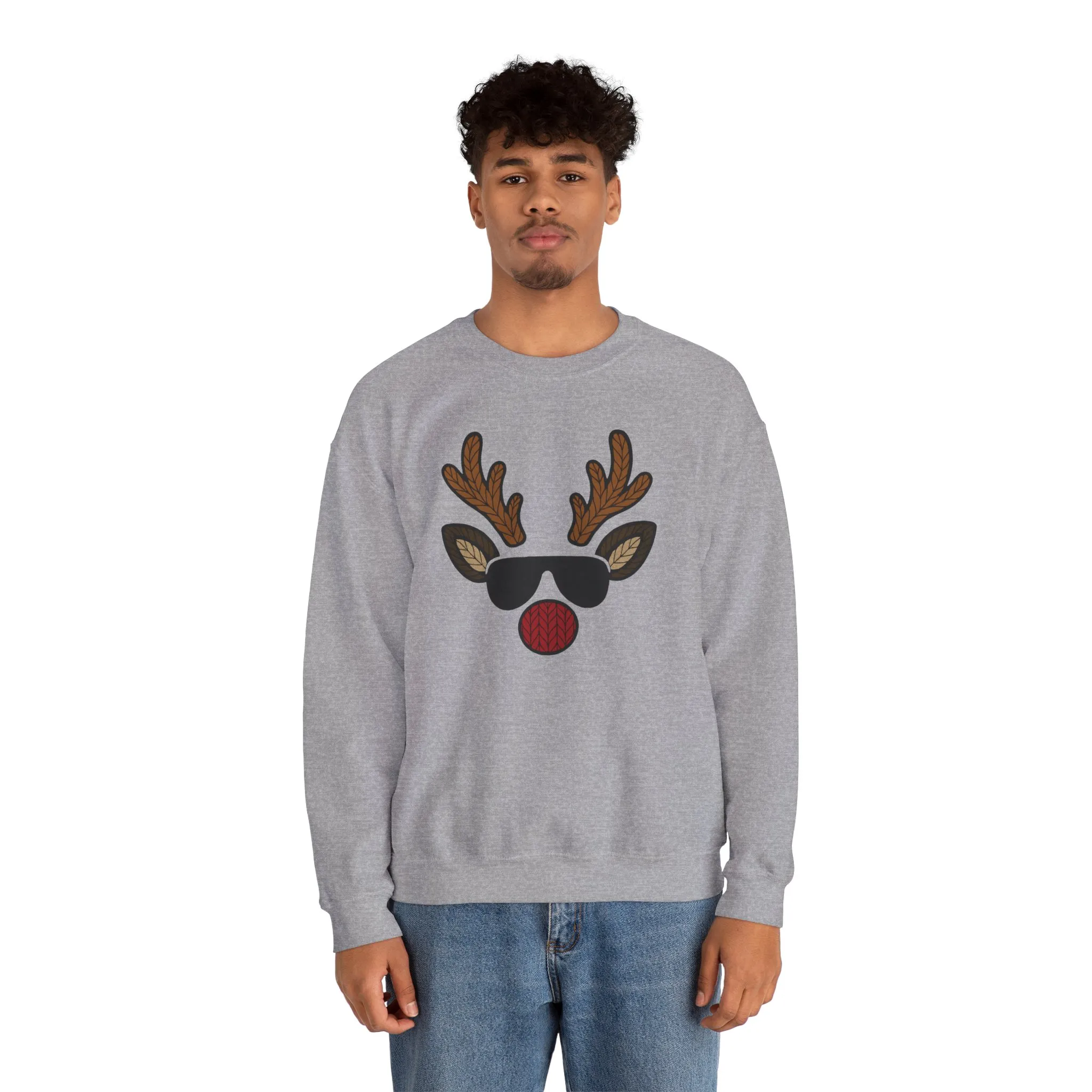 Men's Reindeer Face Christmas Sweatshirt, Classic Knitted Reindeer Design, Father-Son Matching Holiday Outfit - Image 3