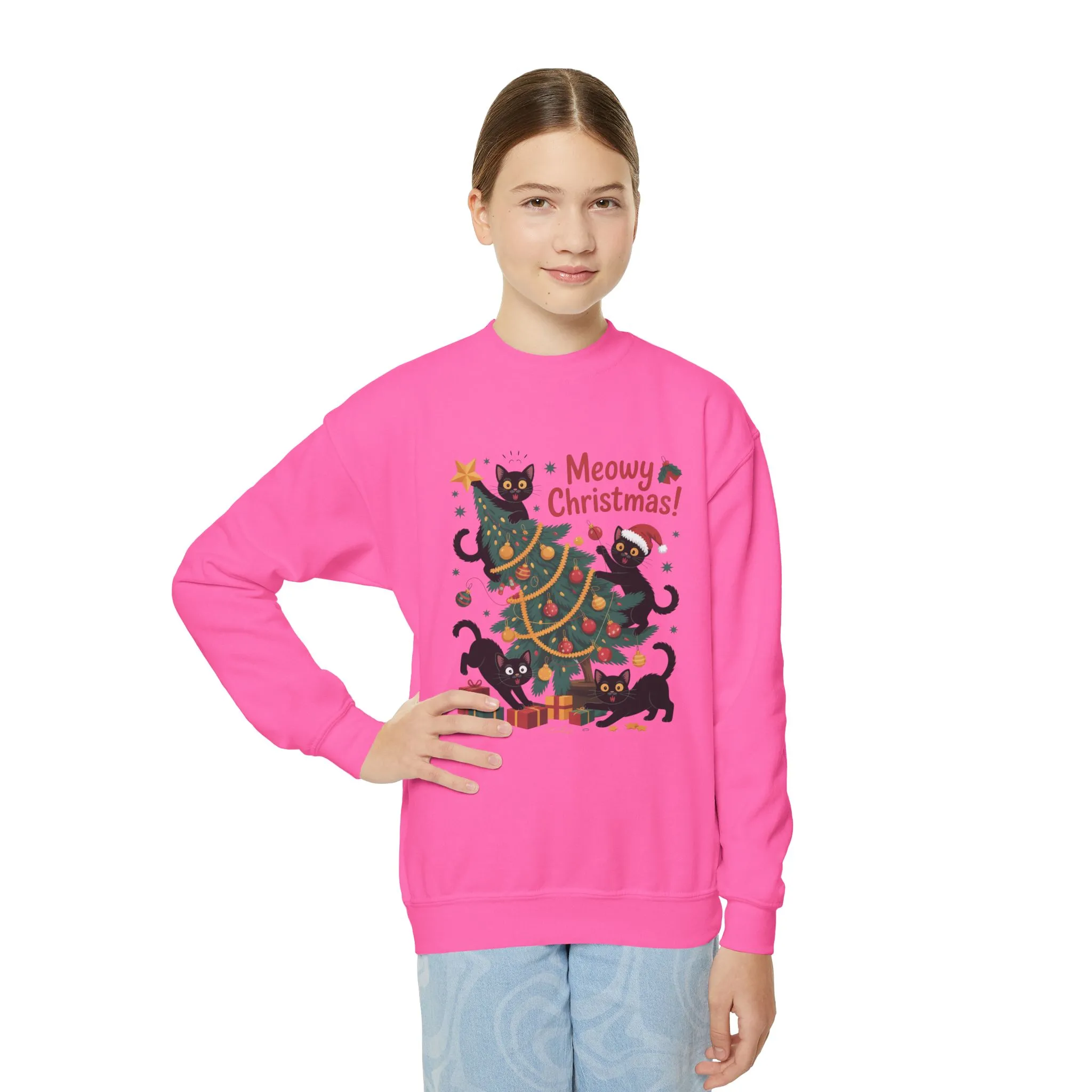 Kids Black Cats Christmas Tree Sweatshirt, Cute Funny Cat Holiday Jumper, Christmas Cat Chaos Pullover - Image 21