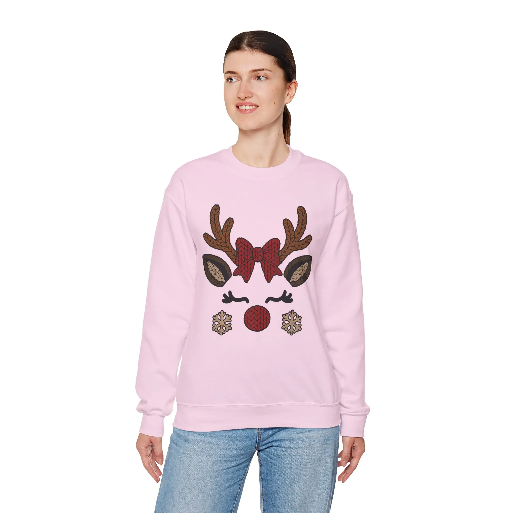Women's Reindeer Face Christmas Sweatshirt, Cute Knitted Bow Reindeer Design, Mother-Daughter Matching Holiday Outfit - Image 21