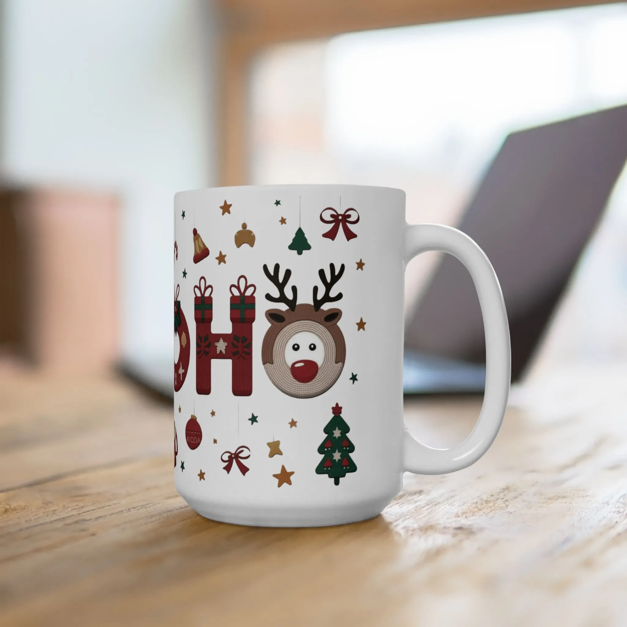 Ho Ho Ho Christmas Mug, Cute Holiday Coffee Cup, Festive Reindeer Knit Design, Xmas Gift for Her & Him, Ceramic Mug (15oz) - Image 5