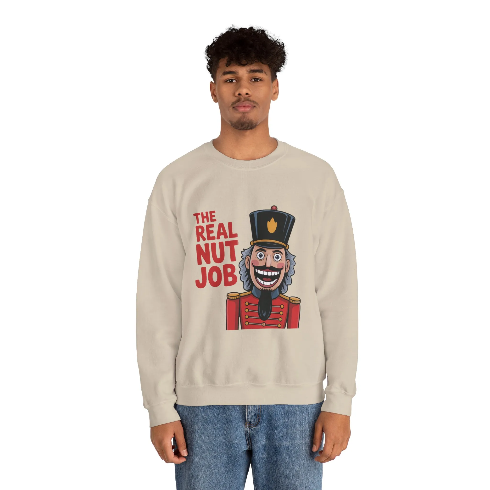 The Real Nut Job Men's Sweatshirt, Funny Nutcracker Christmas Sweater, Holiday Gift for Him - Image 3