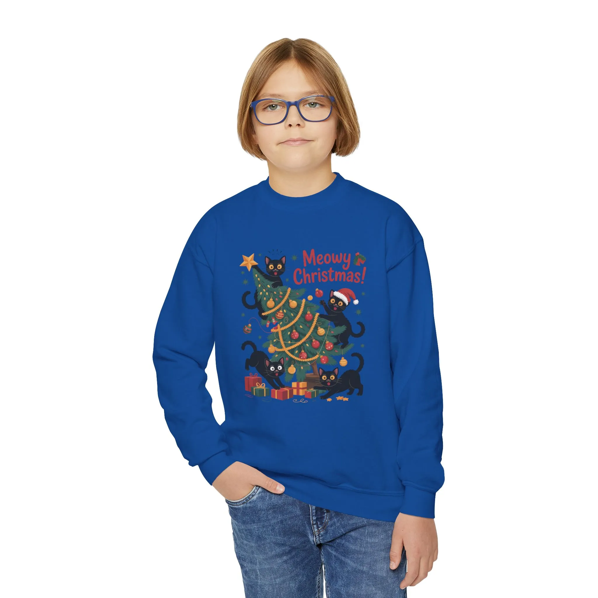 Kids Black Cats Christmas Tree Sweatshirt, Cute Funny Cat Holiday Jumper, Christmas Cat Chaos Pullover - Image 14