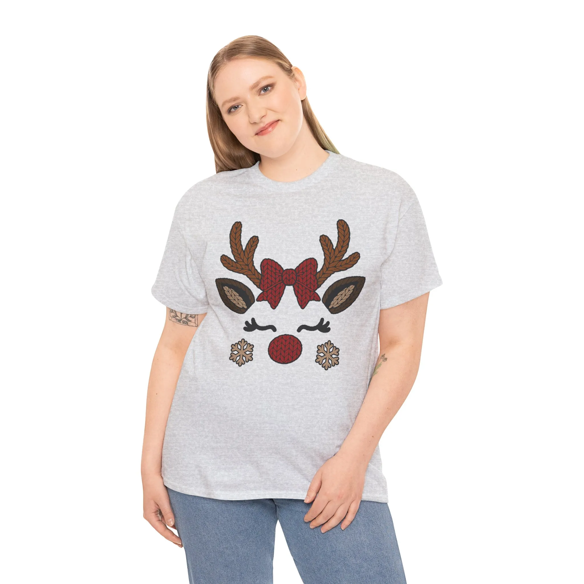 Women's Reindeer Face Christmas T-Shirt, Cute Knitted Holiday Tee, Mother-Daughter Matching Outfit - Image 6