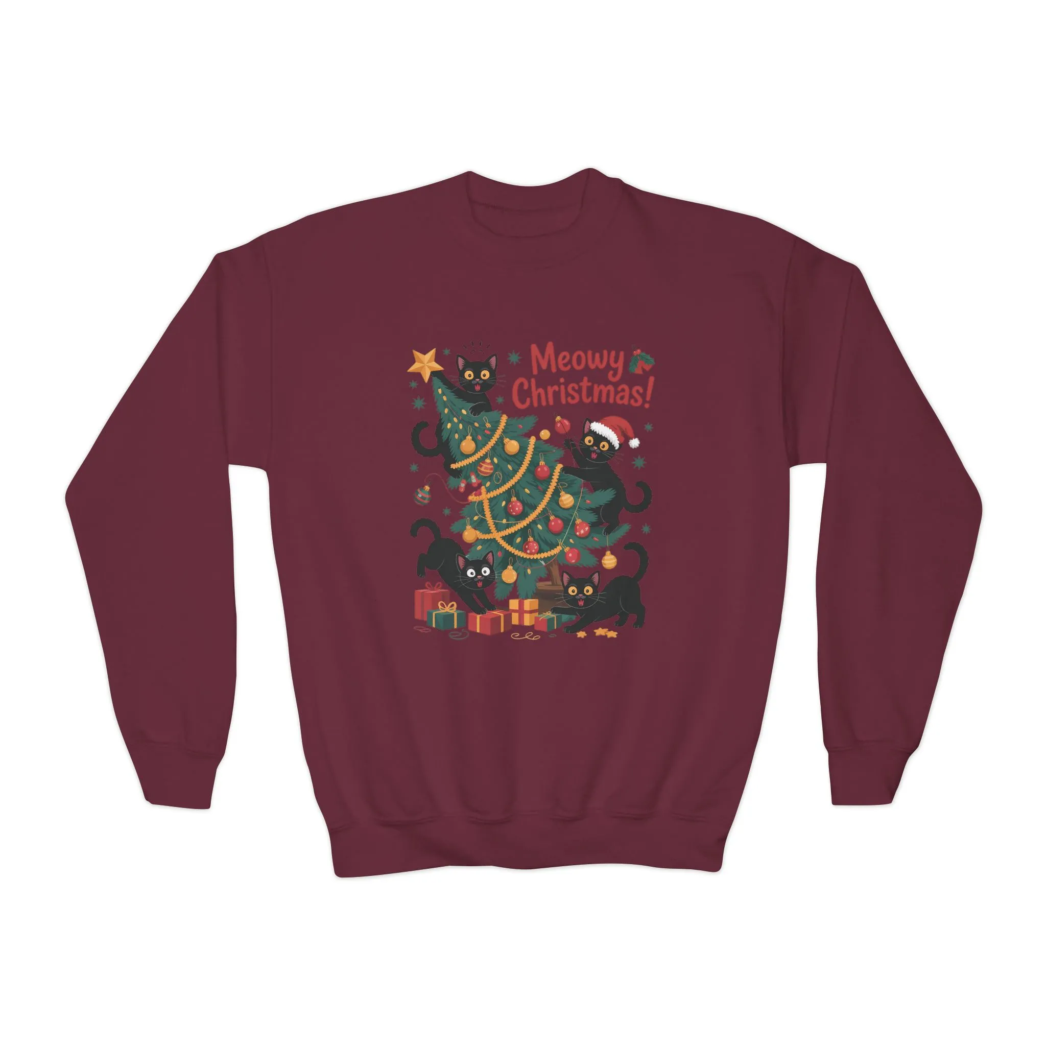 Kids Black Cats Christmas Tree Sweatshirt, Cute Funny Cat Holiday Jumper, Christmas Cat Chaos Pullover - Image 7