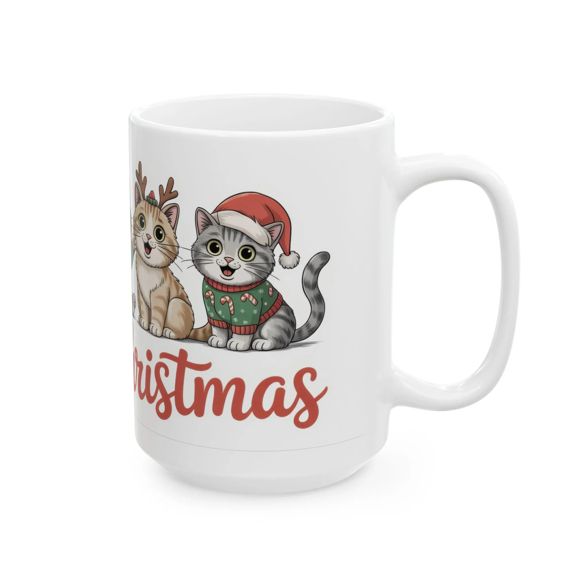 Meowy Christmas Mug, Cute Cat Lover Holiday Cup, Funny Festive Coffee Mug, Gift for Cat Moms - Dads, Ceramic Mug, (15oz) - Image 4