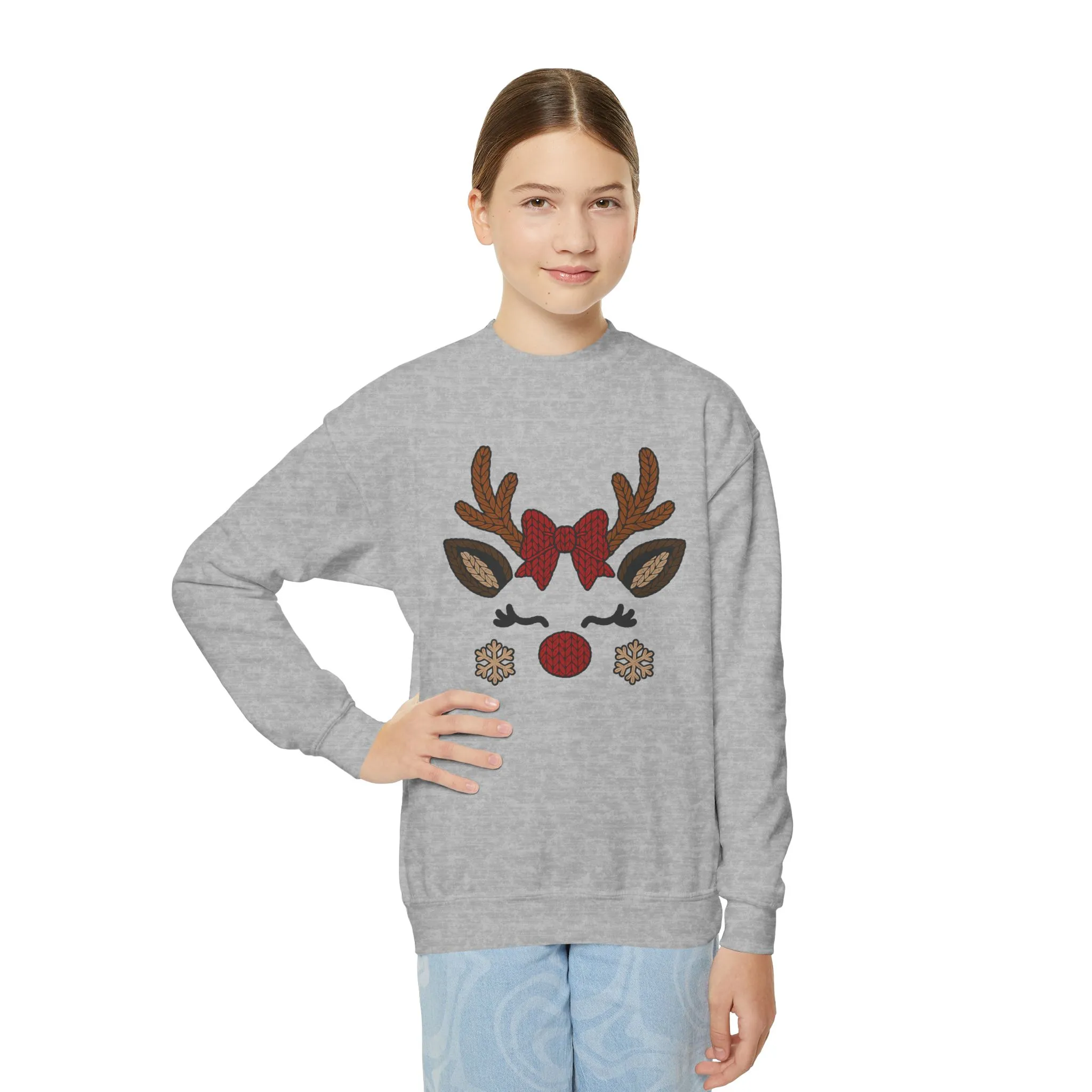 Girls Reindeer Face Christmas Sweatshirt, Cute Knitted Holiday Pullover, Mother-Daughter Matching Outfit