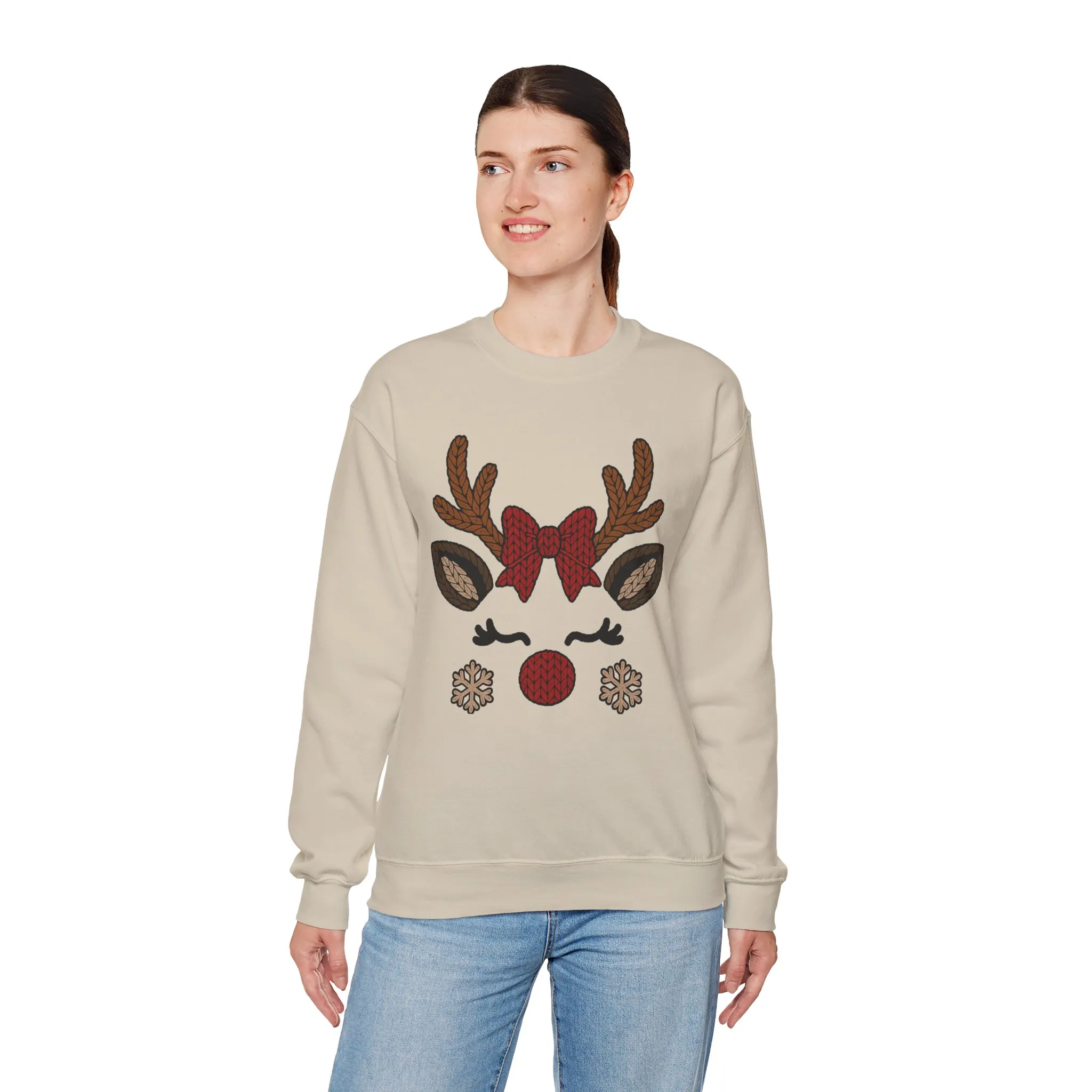Women's Reindeer Face Christmas Sweatshirt, Cute Knitted Bow Reindeer Design, Mother-Daughter Matching Holiday Outfit - Image 6