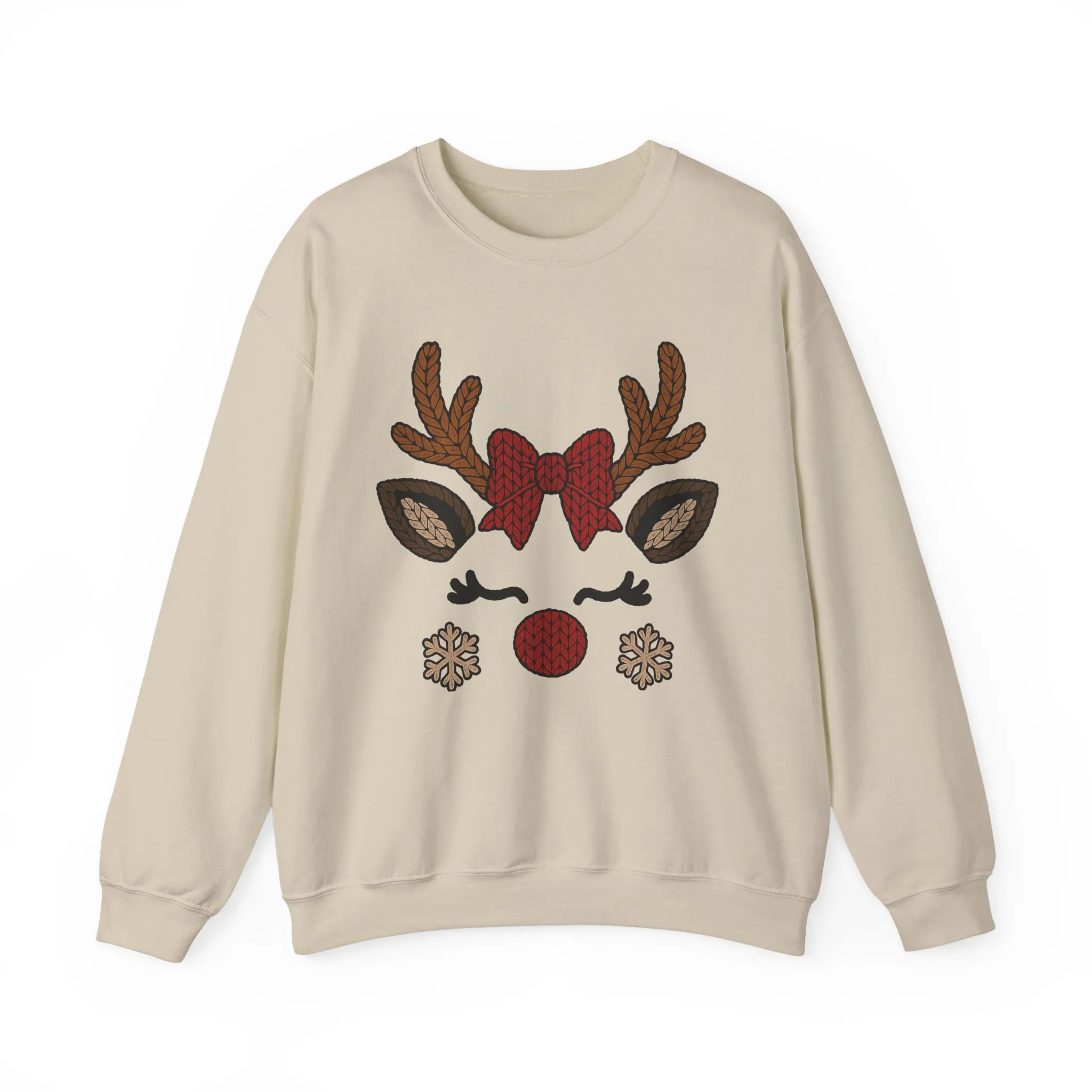 Women's Reindeer Face Christmas Sweatshirt, Cute Knitted Bow Reindeer Design, Mother-Daughter Matching Holiday Outfit - Image 4